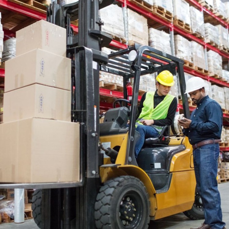 Warehouse interior with stacked goods